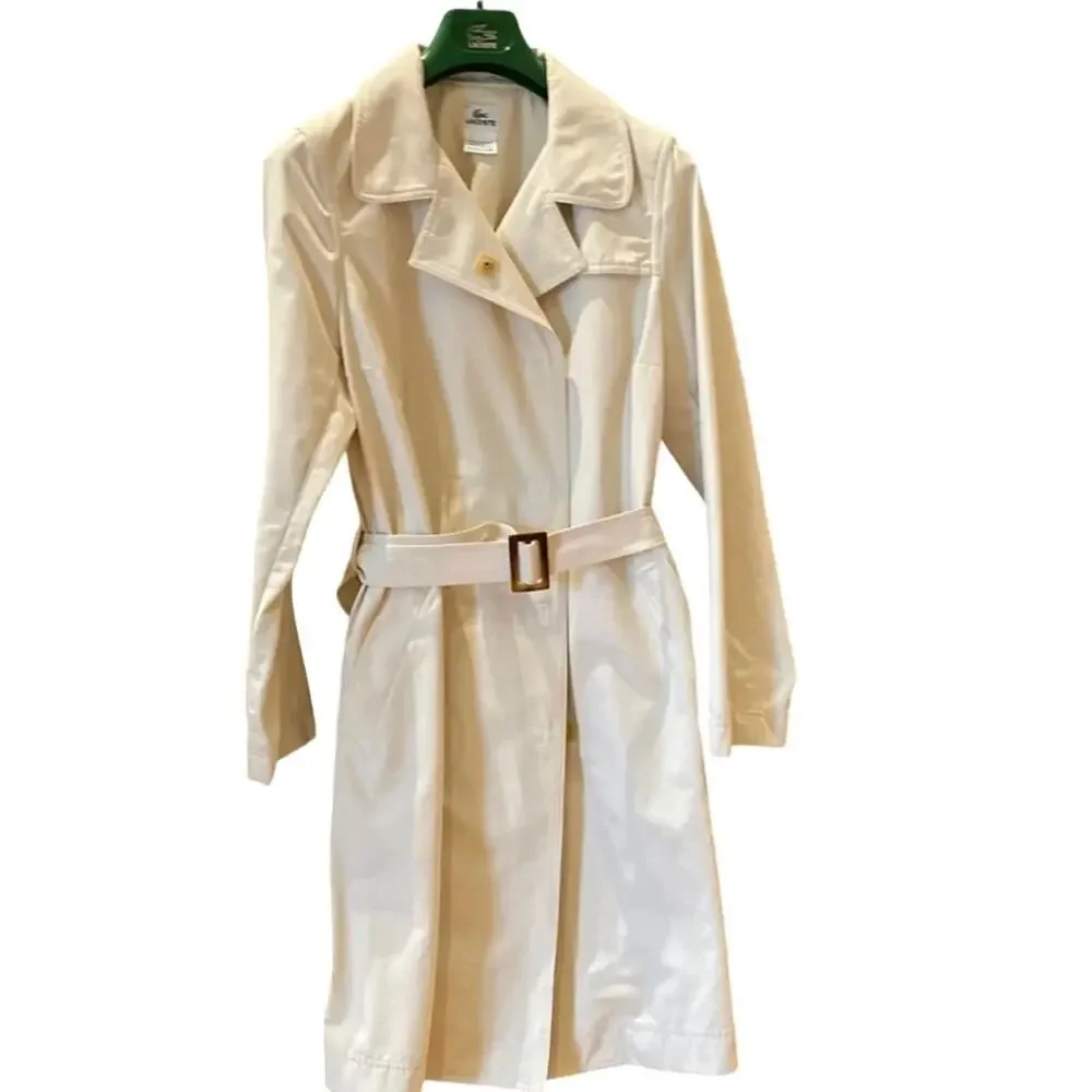 Lacoste Womens Trench Coat 8 10 M EU 42 Tan Khaki Belted Quiet Luxury Old Money